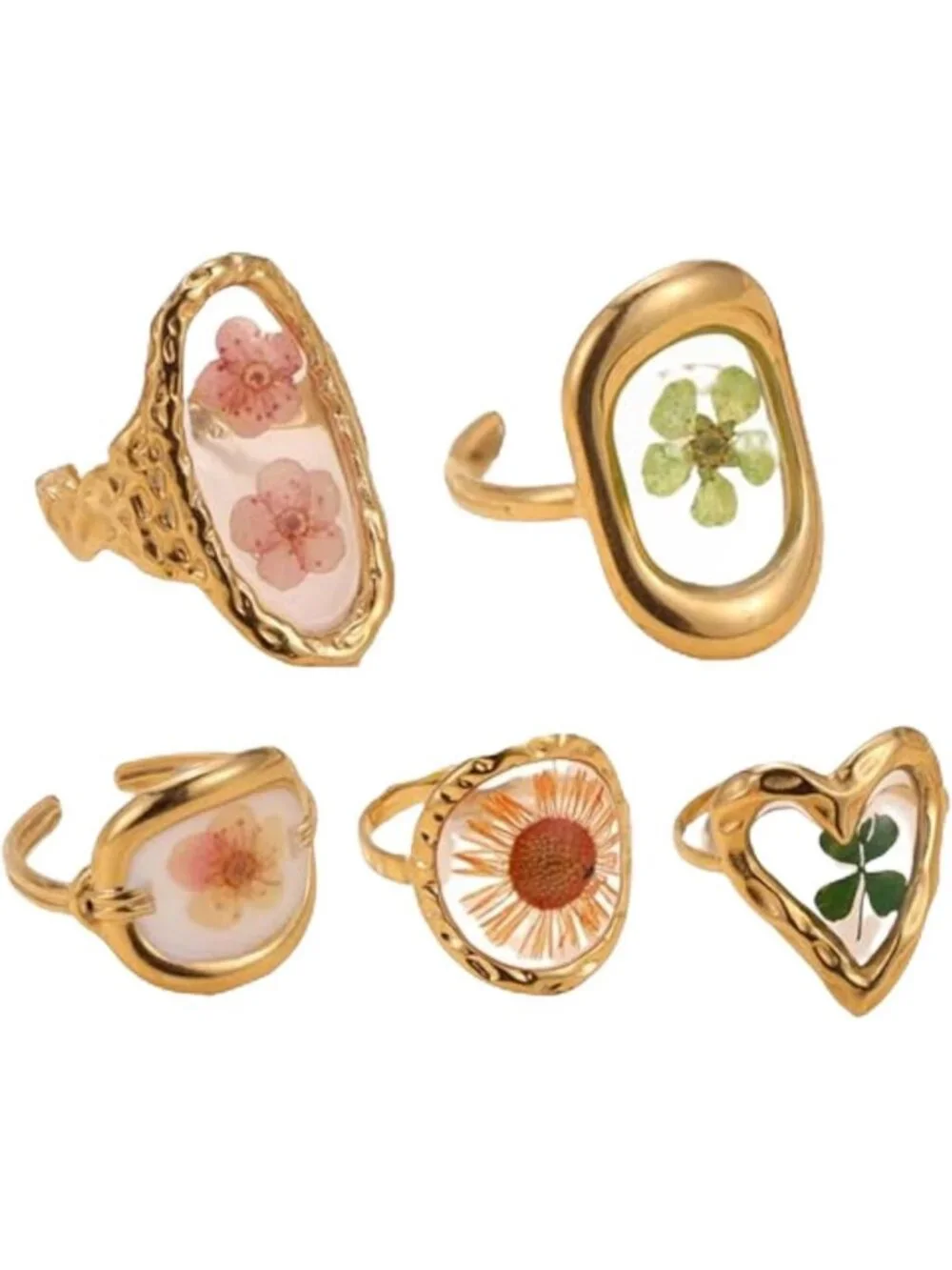 5pcs Adjustable Floral Chunky Gold Rings Set - Vintage Y2K Jewelry, Tarnish-Free